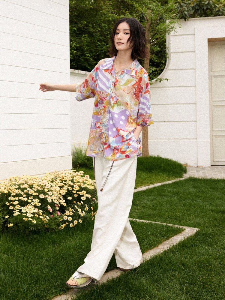 Vintage Cuban Collar Color-Block Print Loose Casual Short-Sleeve Shirt【s0000017559】