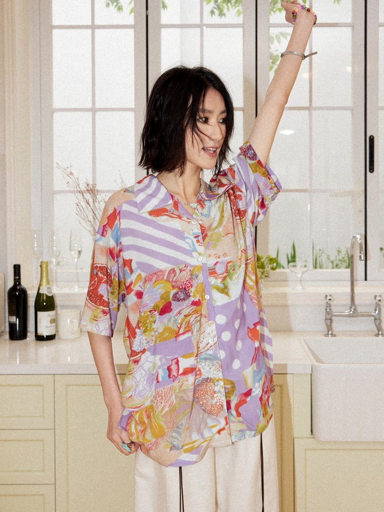 Vintage Cuban Collar Color-Block Print Loose Casual Short-Sleeve Shirt【s0000017559】