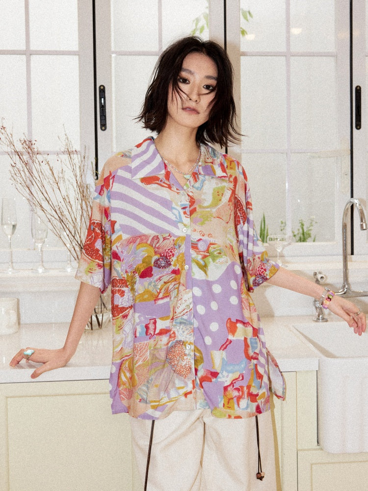 Vintage Cuban Collar Color-Block Print Loose Casual Short-Sleeve Shirt【s0000017559】