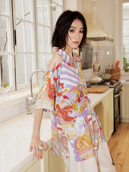Vintage Cuban Collar Color-Block Print Loose Casual Short-Sleeve Shirt【s0000017559】