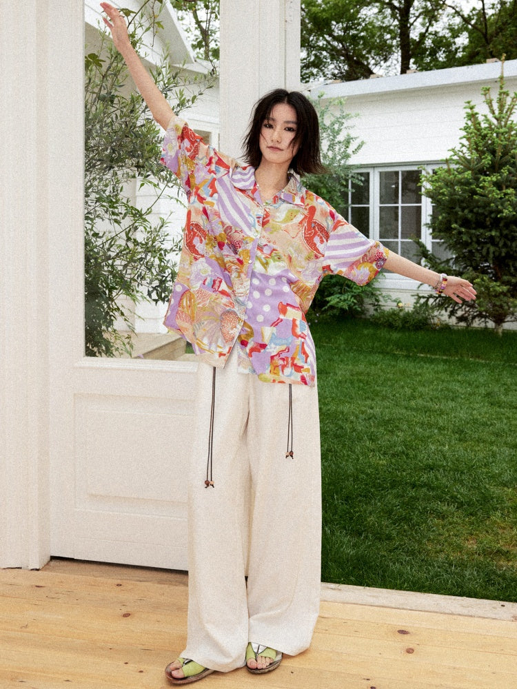 Vintage Cuban Collar Color-Block Print Loose Casual Short-Sleeve Shirt【s0000017559】