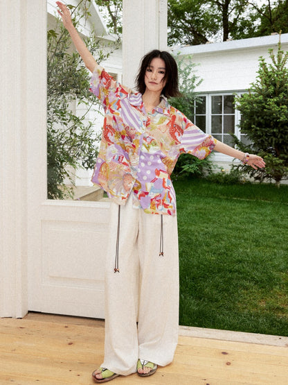 Vintage Cuban Collar Color-Block Print Loose Casual Short-Sleeve Shirt【s0000017559】