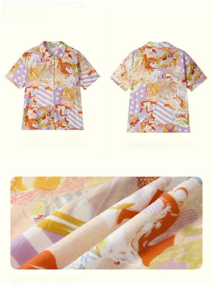 Vintage Cuban Collar Color-Block Print Loose Casual Short-Sleeve Shirt【s0000017559】