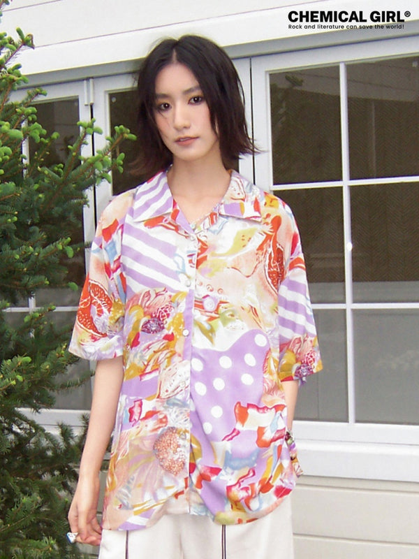 Vintage Cuban Collar Color-Block Print Loose Casual Short-Sleeve Shirt【s0000017559】