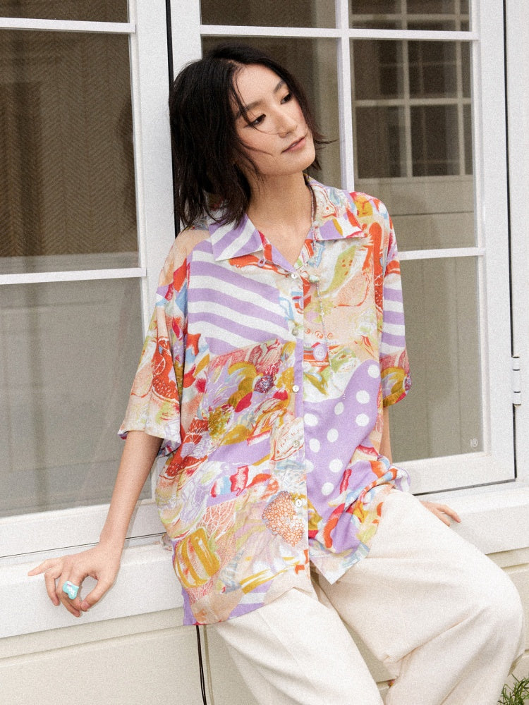 Vintage Cuban Collar Color-Block Print Loose Casual Short-Sleeve Shirt【s0000017559】