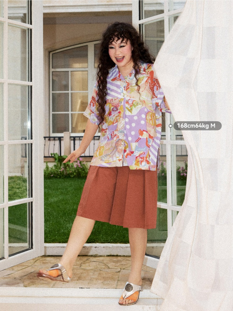 Vintage Cuban Collar Color-Block Print Loose Casual Short-Sleeve Shirt【s0000017559】