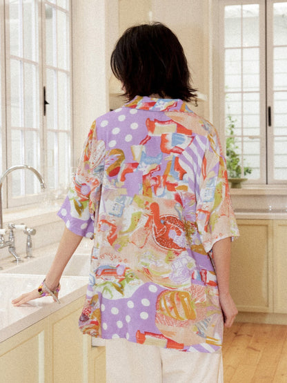 Vintage Cuban Collar Color-Block Print Loose Casual Short-Sleeve Shirt【s0000017559】
