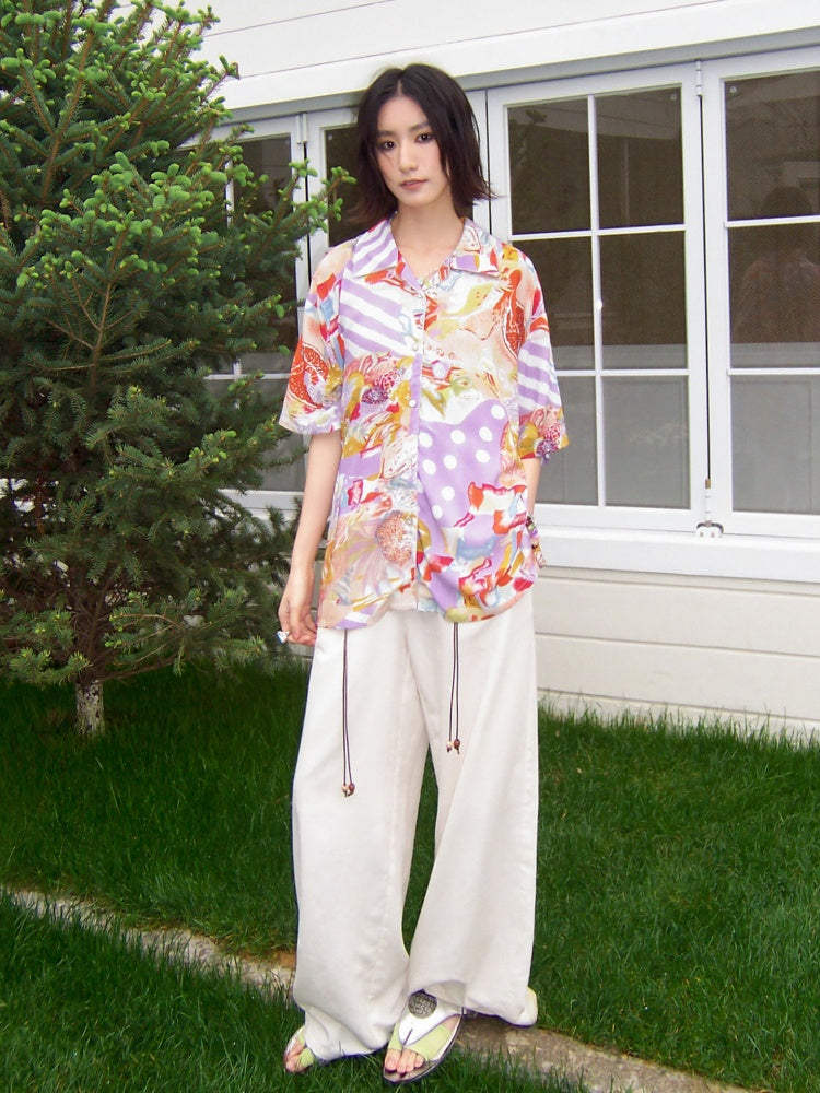 Vintage Cuban Collar Color-Block Print Loose Casual Short-Sleeve Shirt【s0000017559】