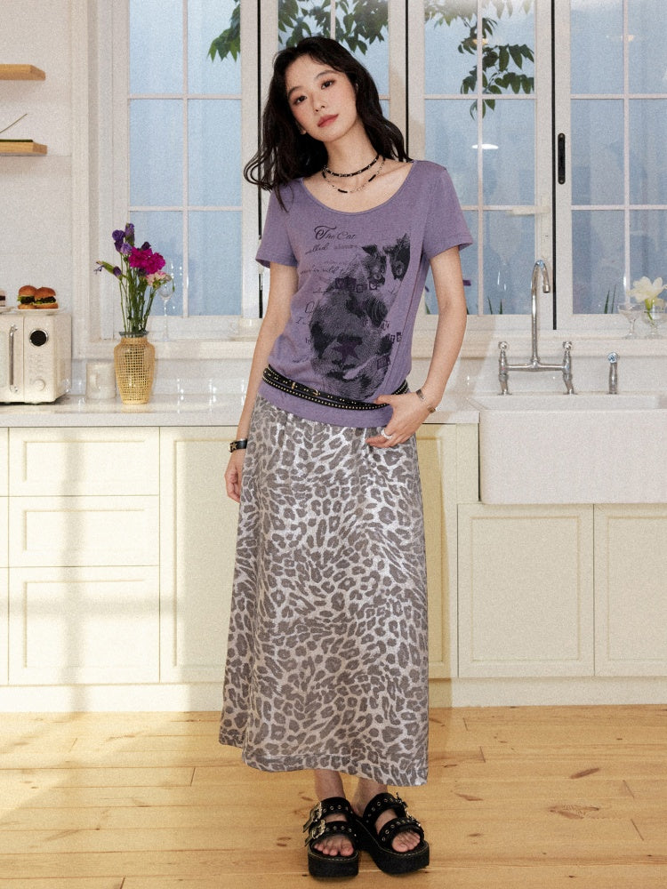 Vintage Leopard Print Elastic Waist A-Line Midi Skirt【s0000017560】