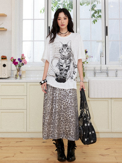 Vintage Leopard Print Elastic Waist A-Line Midi Skirt【s0000017560】