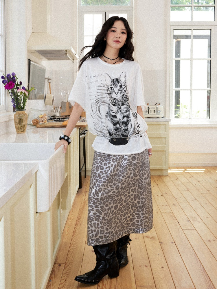 Vintage Leopard Print Elastic Waist A-Line Midi Skirt【s0000017560】