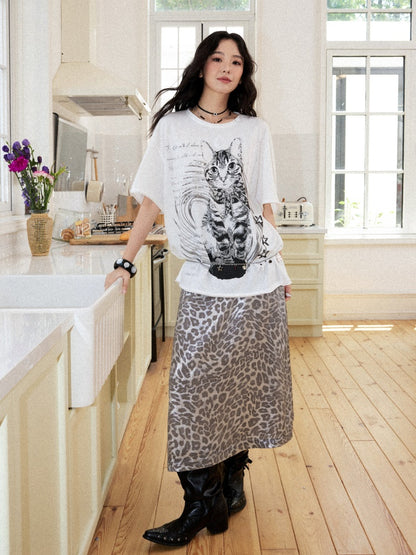 Vintage Leopard Print Elastic Waist A-Line Midi Skirt【s0000017560】