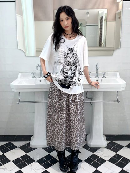 Vintage Leopard Print Elastic Waist A-Line Midi Skirt【s0000017560】