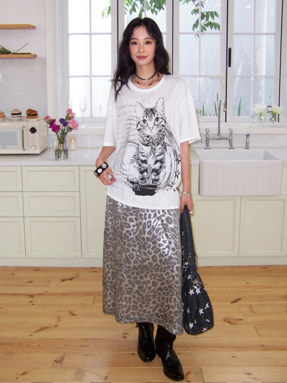 Vintage Leopard Print Elastic Waist A-Line Midi Skirt【s0000017560】