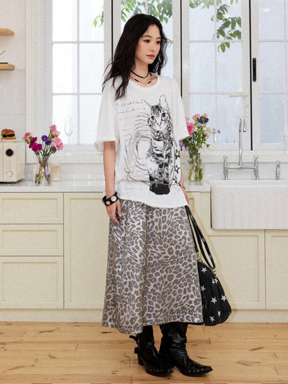 Vintage Leopard Print Elastic Waist A-Line Midi Skirt【s0000017560】