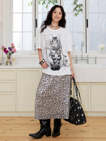 Vintage Leopard Print Elastic Waist A-Line Midi Skirt【s0000017560】