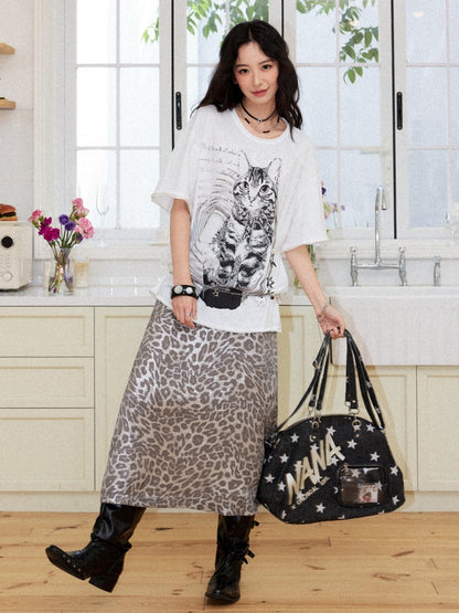Vintage Leopard Print Elastic Waist A-Line Midi Skirt【s0000017560】