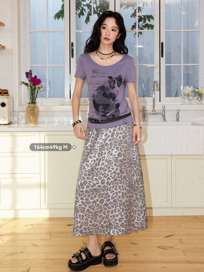 Vintage Leopard Print Elastic Waist A-Line Midi Skirt【s0000017560】
