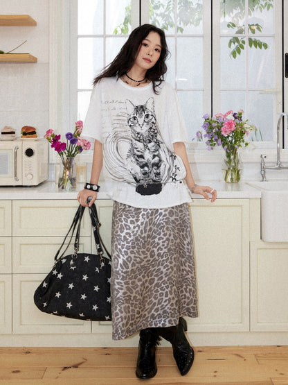 Vintage Leopard Print Elastic Waist A-Line Midi Skirt【s0000017560】