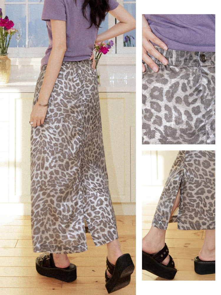 Vintage Leopard Print Elastic Waist A-Line Midi Skirt【s0000017560】