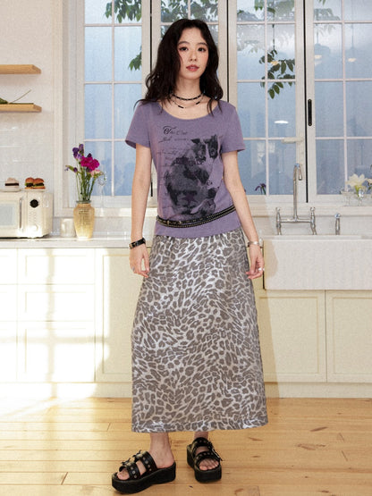 Vintage Leopard Print Elastic Waist A-Line Midi Skirt【s0000017560】