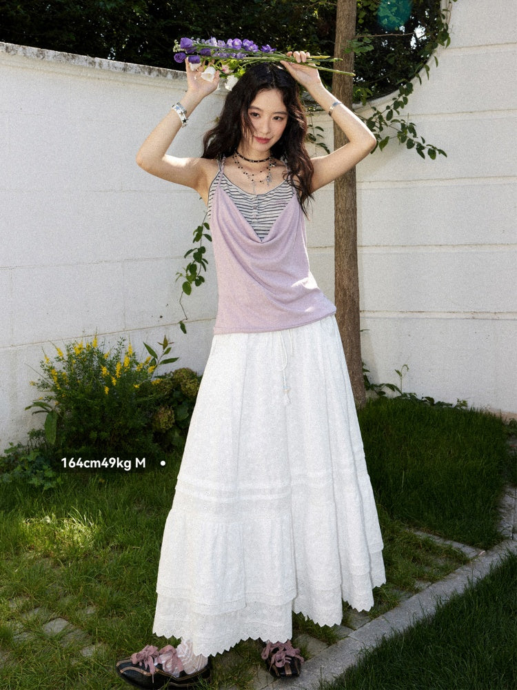 Eyelet Lace Tiered Drawstring Elastic Waist A-Line Maxi Skirt【s0000017561】