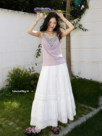 Eyelet Lace Tiered Drawstring Elastic Waist A-Line Maxi Skirt【s0000017561】