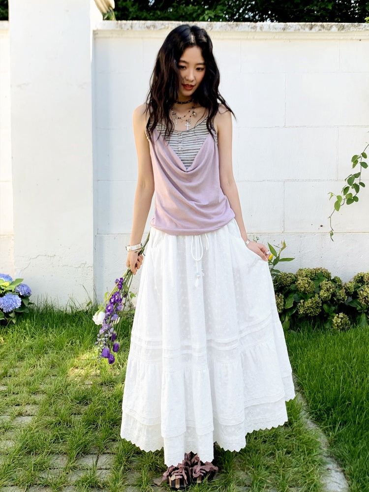 Eyelet Lace Tiered Drawstring Elastic Waist A-Line Maxi Skirt【s0000017561】