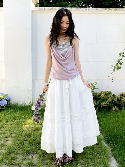 Eyelet Lace Tiered Drawstring Elastic Waist A-Line Maxi Skirt【s0000017561】
