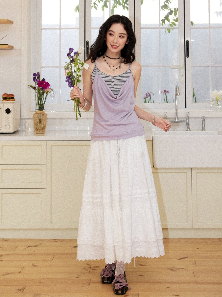 Eyelet Lace Tiered Drawstring Elastic Waist A-Line Maxi Skirt