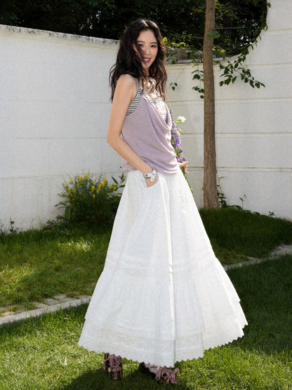 Eyelet Lace Tiered Drawstring Elastic Waist A-Line Maxi Skirt【s0000017561】