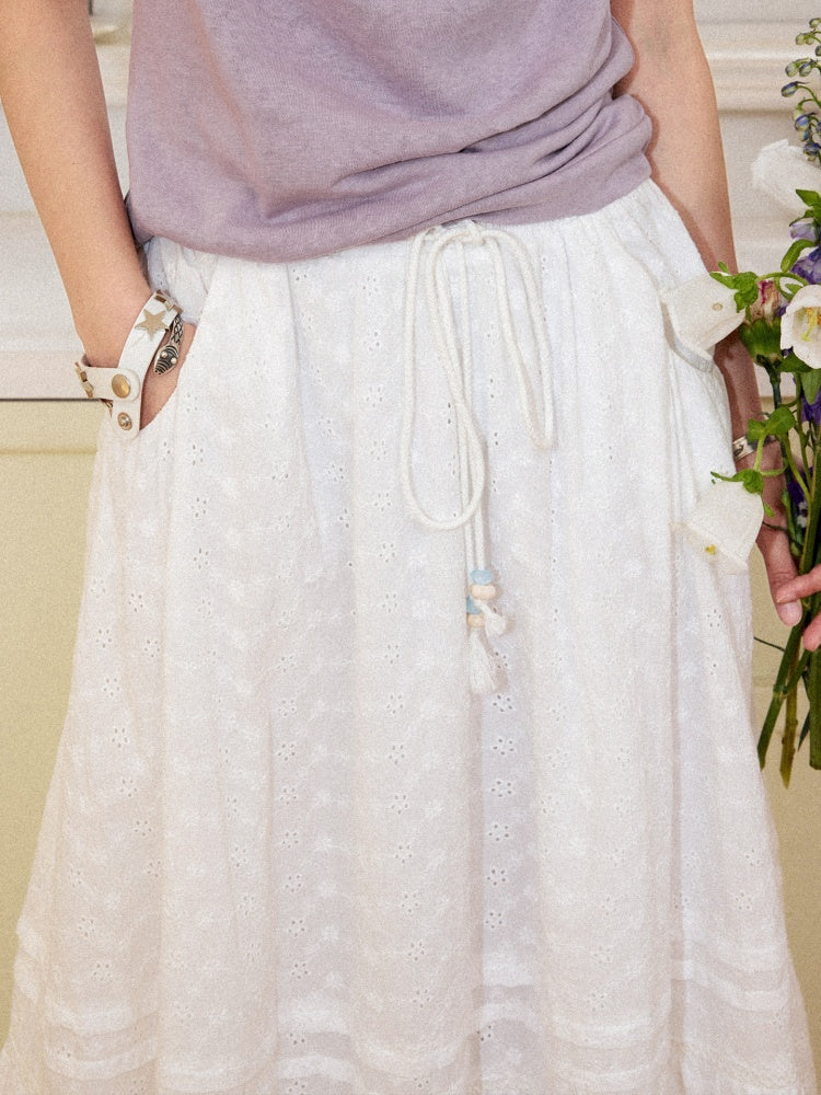 Eyelet Lace Tiered Drawstring Elastic Waist A-Line Maxi Skirt【s0000017561】
