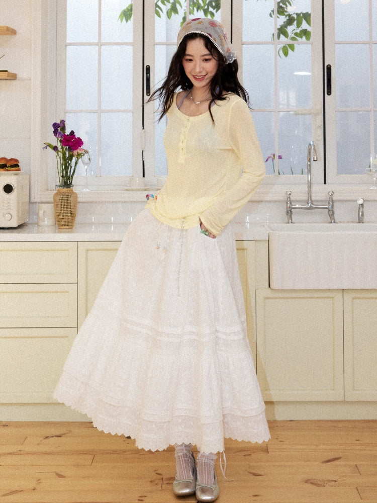 Eyelet Lace Tiered Drawstring Elastic Waist A-Line Maxi Skirt【s0000017561】