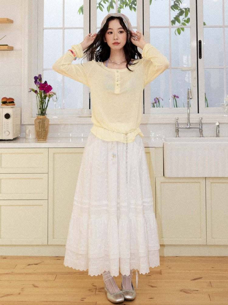 Eyelet Lace Tiered Drawstring Elastic Waist A-Line Maxi Skirt【s0000017561】