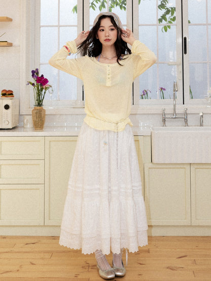 Eyelet Lace Tiered Drawstring Elastic Waist A-Line Maxi Skirt【s0000017561】