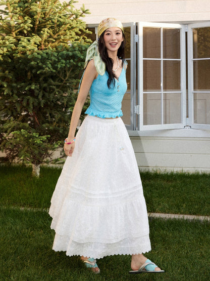 Eyelet Lace Tiered Drawstring Elastic Waist A-Line Maxi Skirt【s0000017561】
