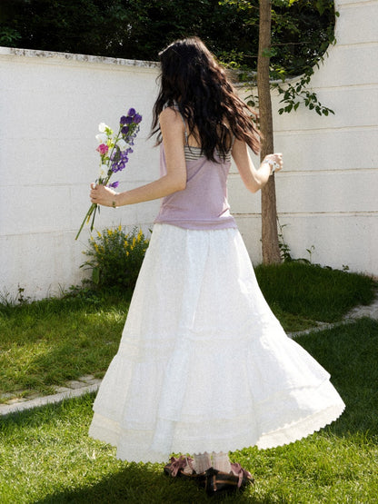 Eyelet Lace Tiered Drawstring Elastic Waist A-Line Maxi Skirt【s0000017561】