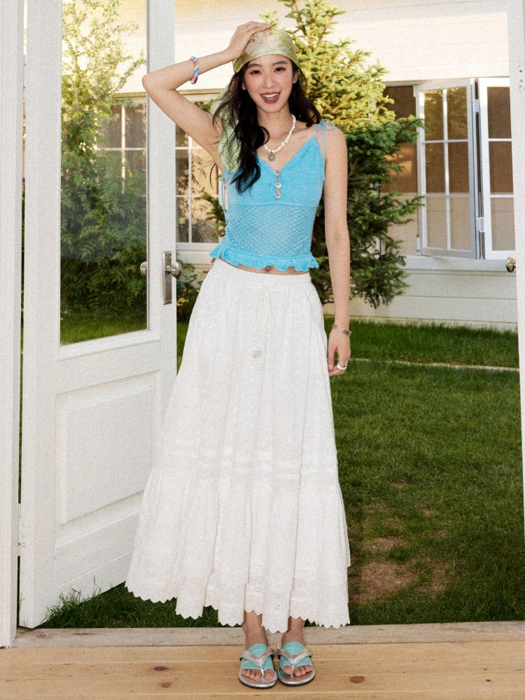 Eyelet Lace Tiered Drawstring Elastic Waist A-Line Maxi Skirt【s0000017561】