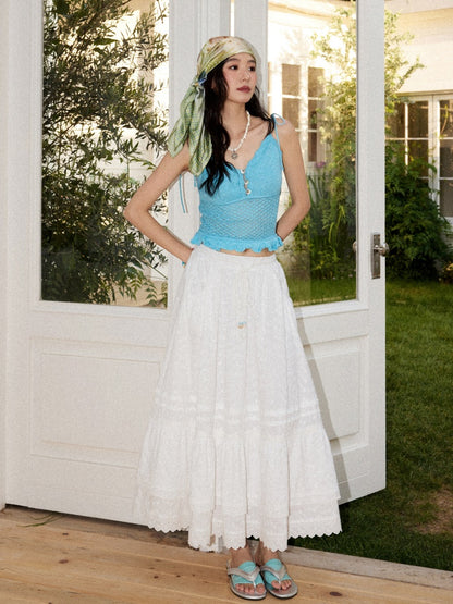 Eyelet Lace Tiered Drawstring Elastic Waist A-Line Maxi Skirt【s0000017561】