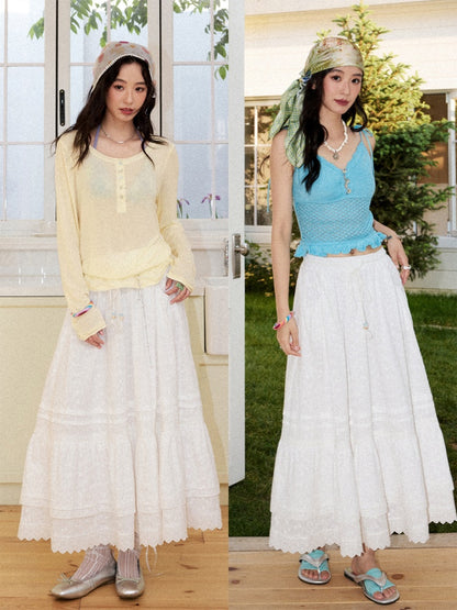 Eyelet Lace Tiered Drawstring Elastic Waist A-Line Maxi Skirt【s0000017561】