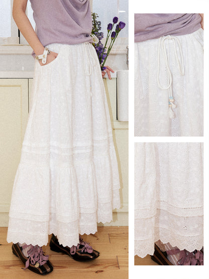 Eyelet Lace Tiered Drawstring Elastic Waist A-Line Maxi Skirt【s0000017561】