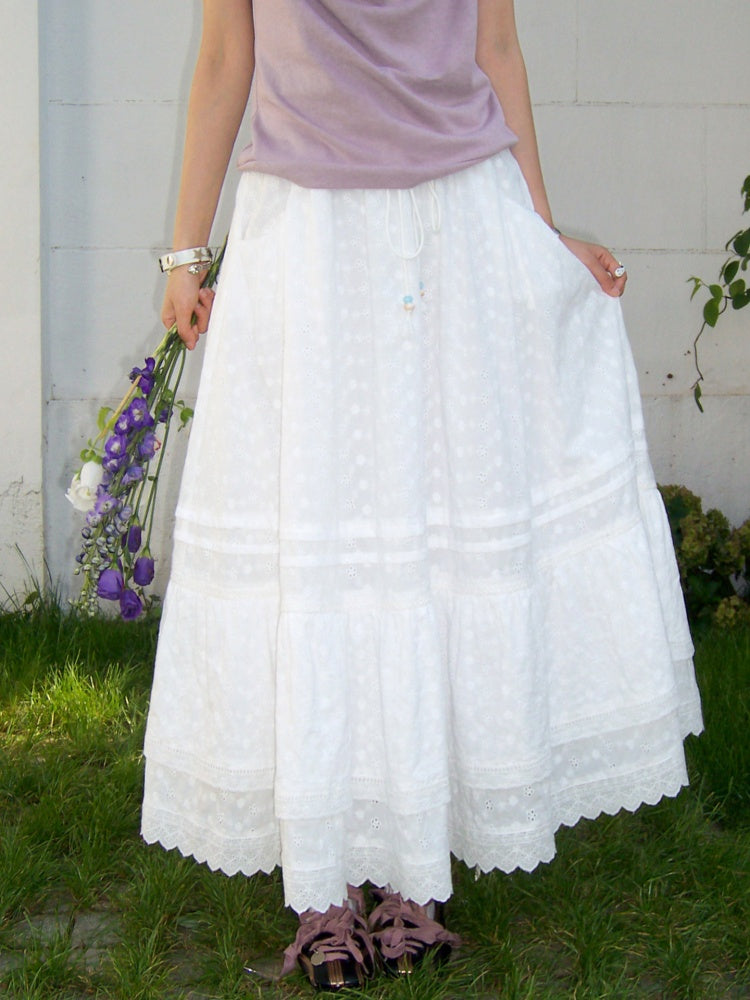 Eyelet Lace Tiered Drawstring Elastic Waist A-Line Maxi Skirt【s0000017561】