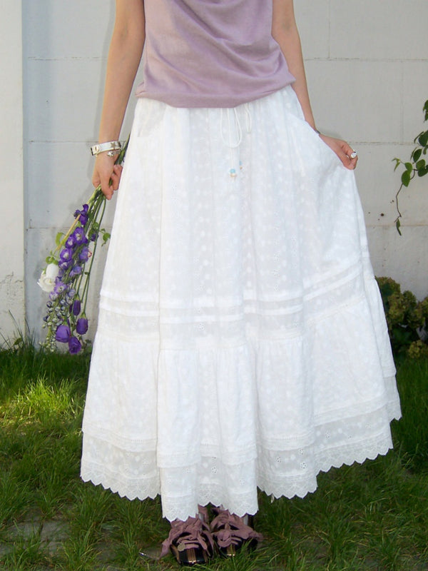 Eyelet Lace Tiered Drawstring Elastic Waist A-Line Maxi Skirt【s0000017561】