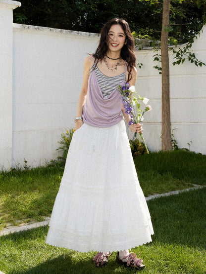 Eyelet Lace Tiered Drawstring Elastic Waist A-Line Maxi Skirt【s0000017561】