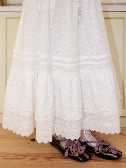 Eyelet Lace Tiered Drawstring Elastic Waist A-Line Maxi Skirt【s0000017561】