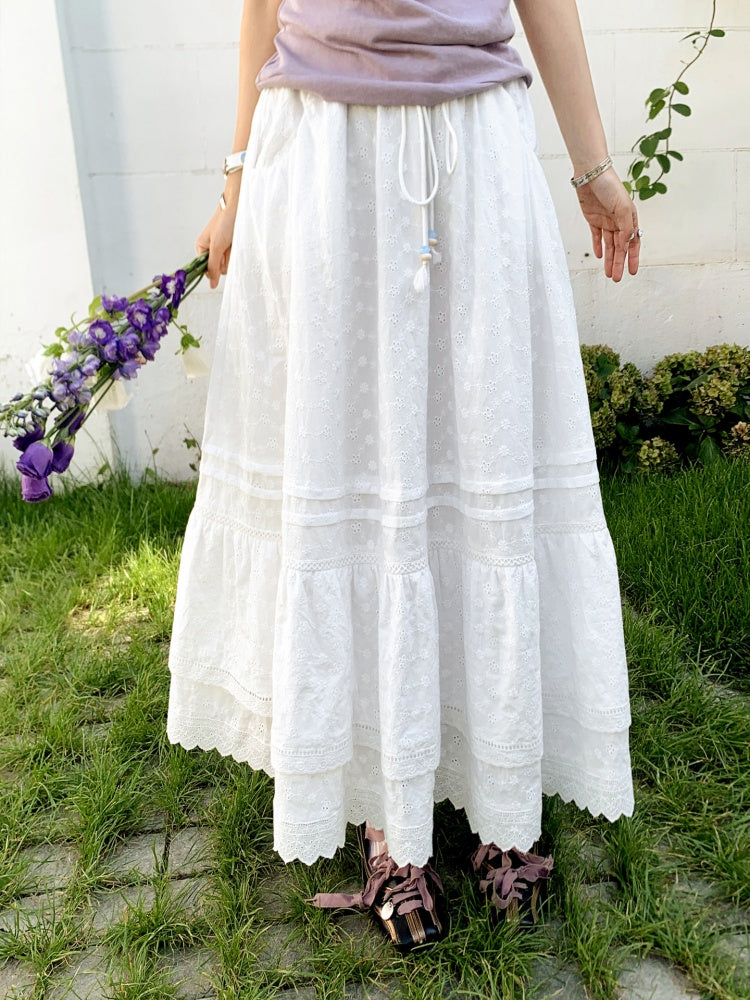 Eyelet Lace Tiered Drawstring Elastic Waist A-Line Maxi Skirt【s0000017561】