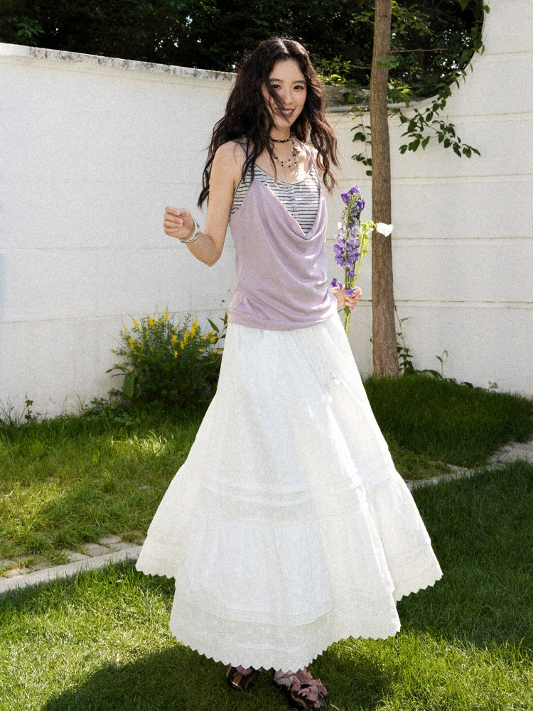Eyelet Lace Tiered Drawstring Elastic Waist A-Line Maxi Skirt【s0000017561】