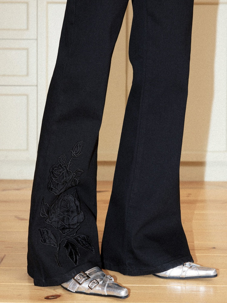 Retro High-Waisted Double-Button Slim Embroidered Micro-Flared Jeans【s0000017562】