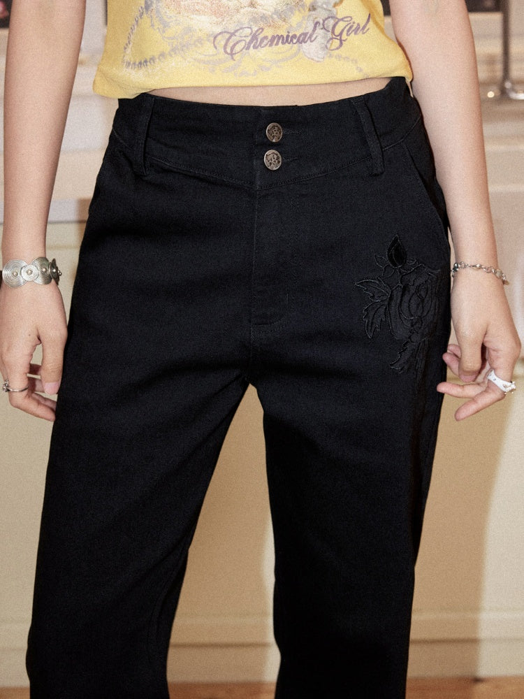 Retro High-Waisted Double-Button Slim Embroidered Micro-Flared Jeans【s0000017562】