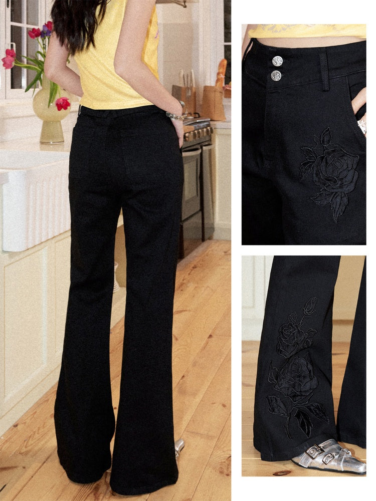 Retro High-Waisted Double-Button Slim Embroidered Micro-Flared Jeans【s0000017562】